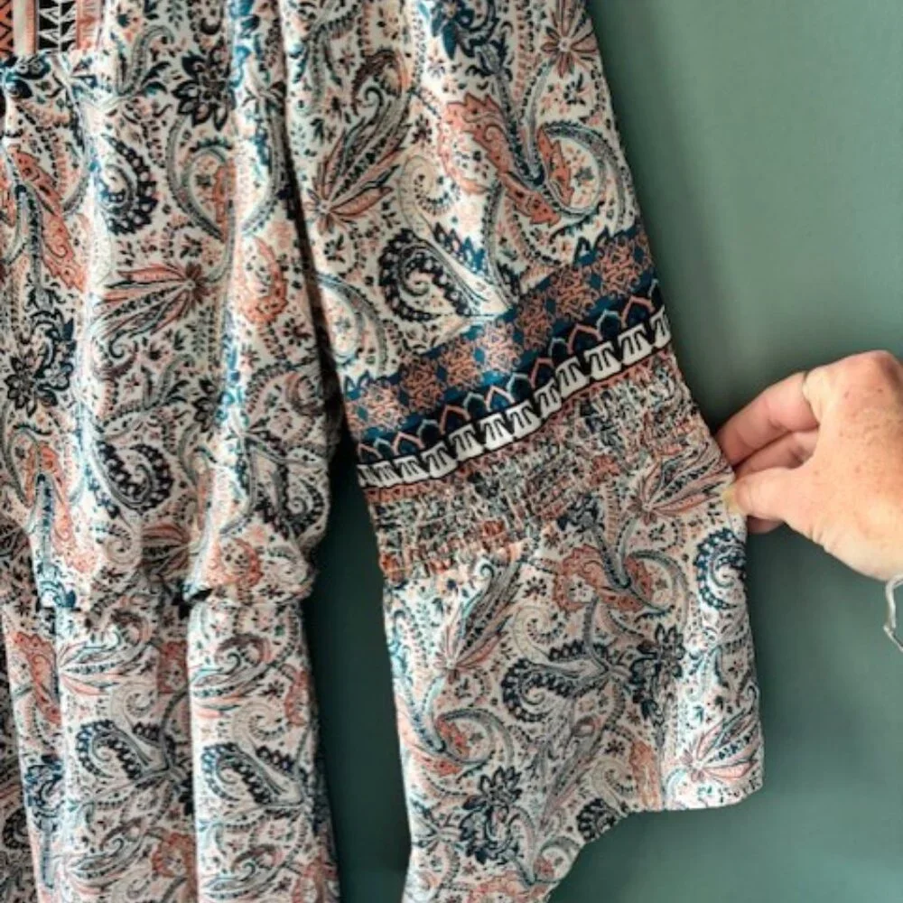 Est 1946 Women's 18/20 W Blue Peach V Neck Peasant Bell Sleeve Boho Drop Waist - Picture 4 of 6